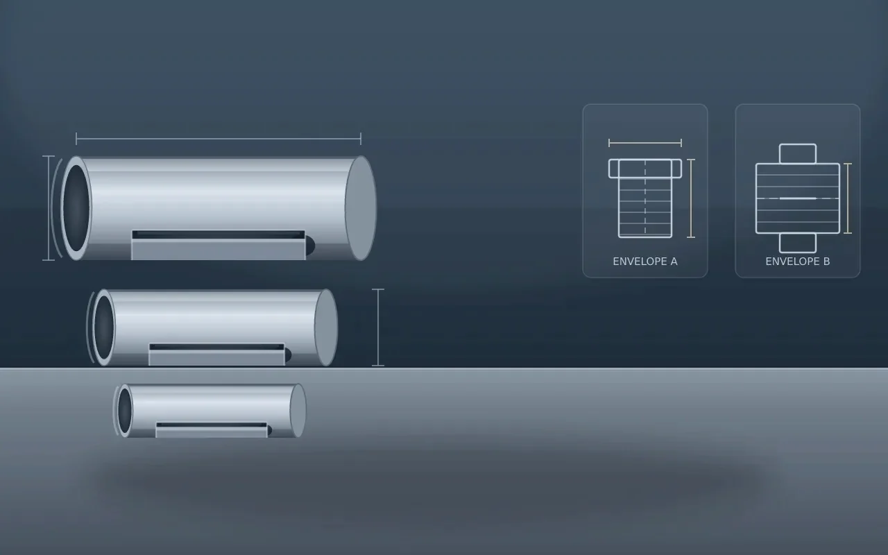 Illustration of three DOM steel tube cutaways on a workbench, showing a controlled bore alongside two alternative machining envelopes