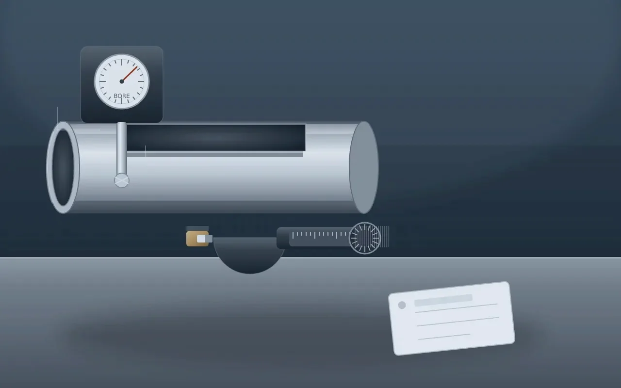 Illustration of a bore gauge and micrometer checking a single DOM steel tube end beside a blank heat identification tag