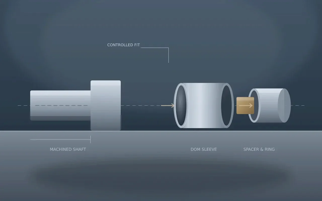 Exploded illustration of a DOM steel sleeve positioned between a machined shaft shoulder and a spacer and retaining-ring assembly