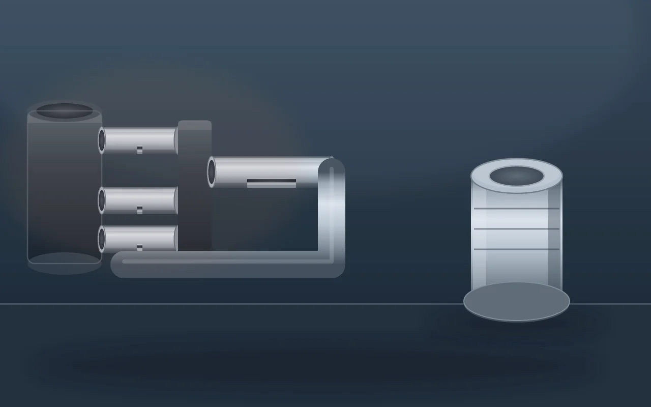 Illustration of a cutaway power-plant tube circuit beside a distinctly machined alloy bushing