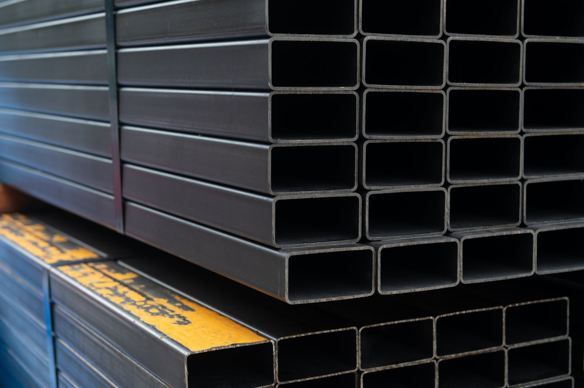 Structural hollow sections stacked at a steel distribution yard
