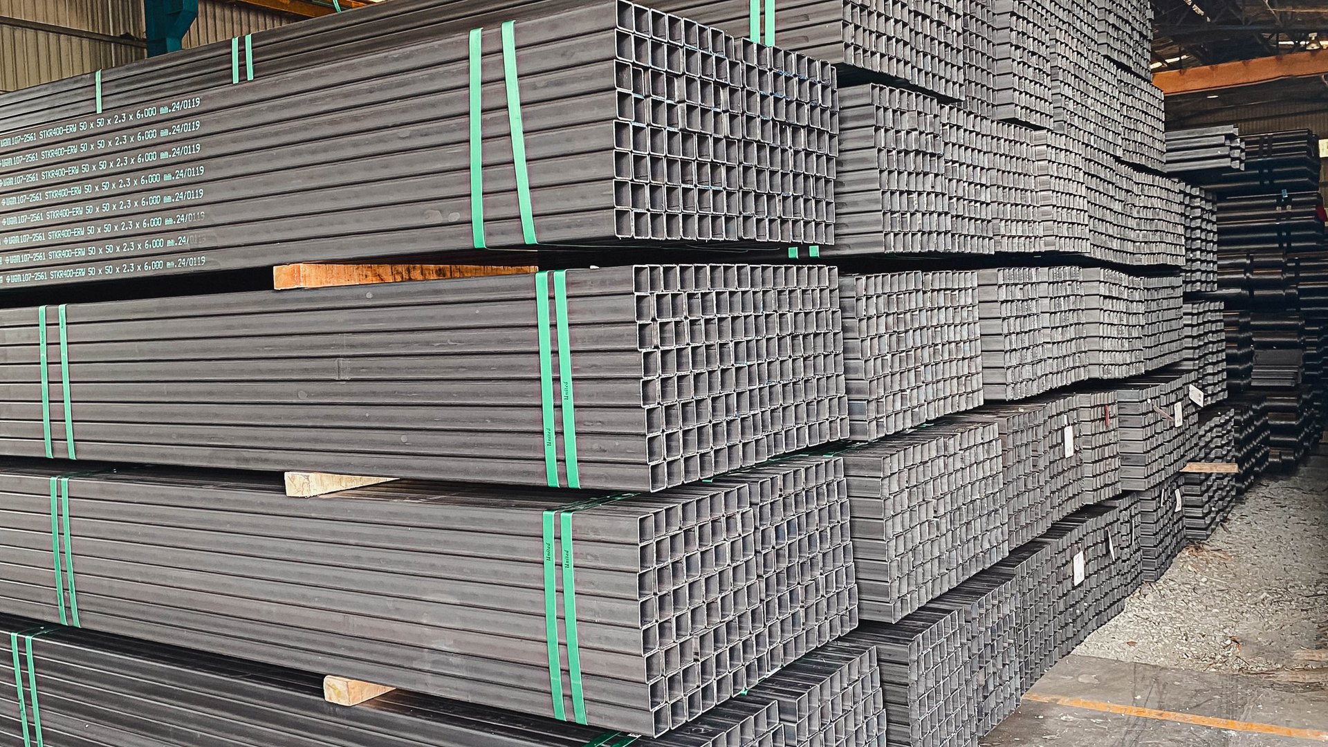 Hot formed structural hollow sections stacked at a steel distribution yard