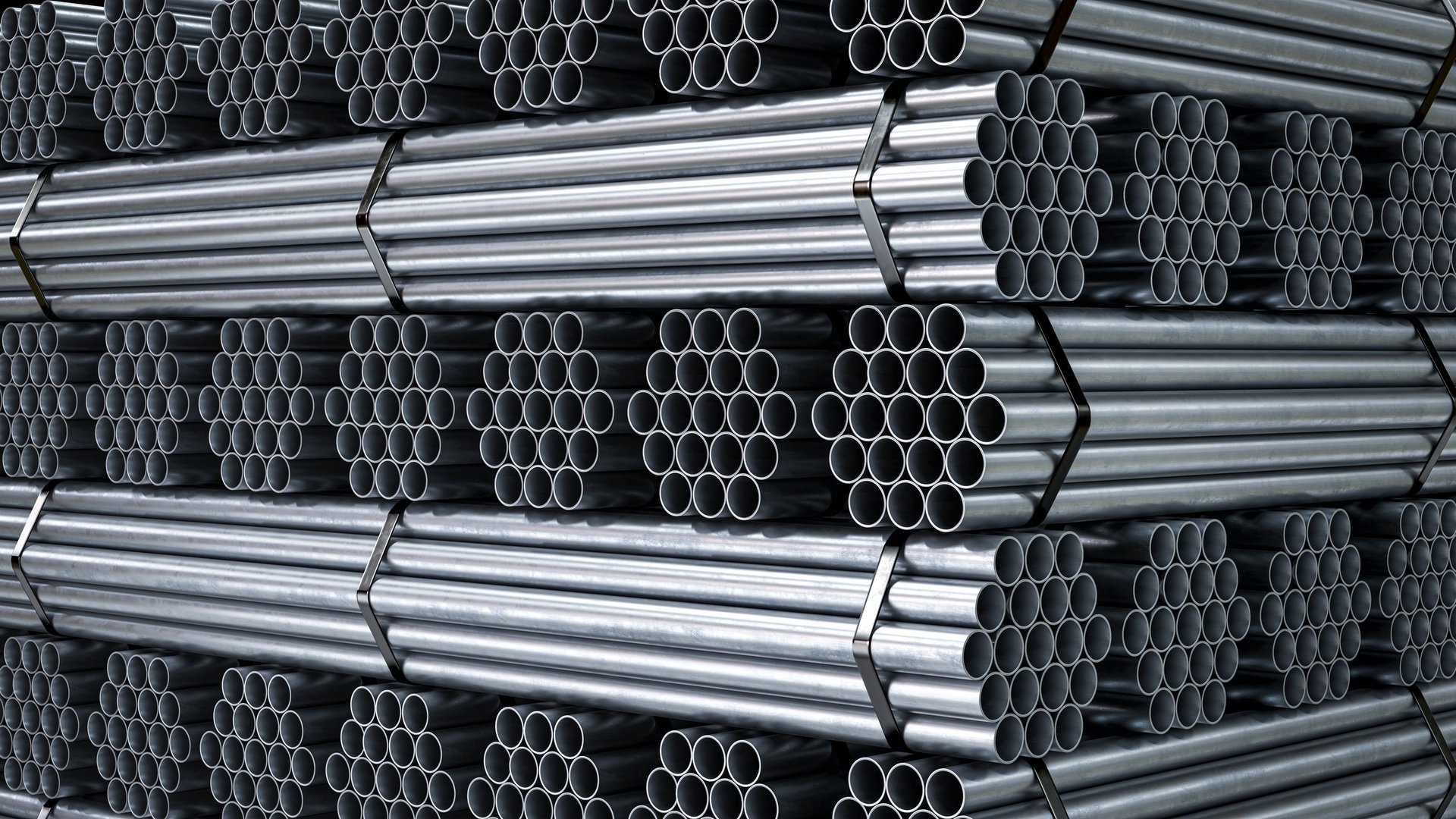 Bundles of steel tubes stacked for inspection and despatch