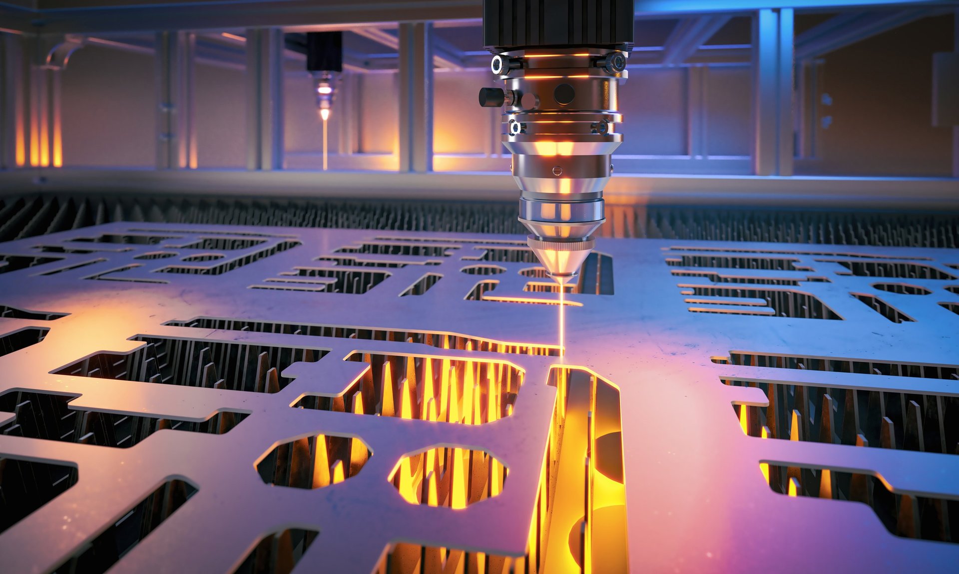 Industrial laser cutting flat metal sheet on a fabrication line