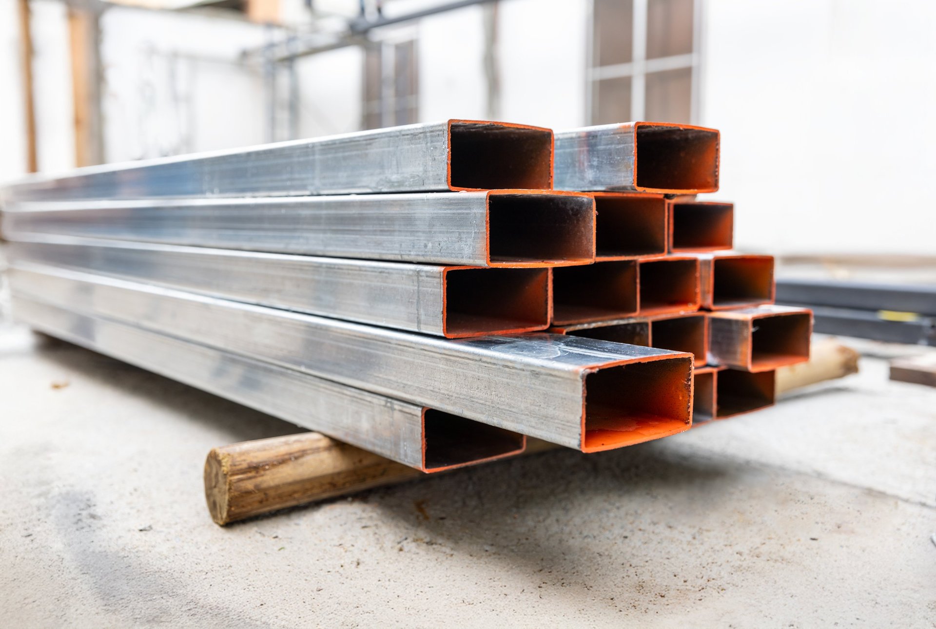 Stainless steel hollow sections stacked at a steel distribution yard
