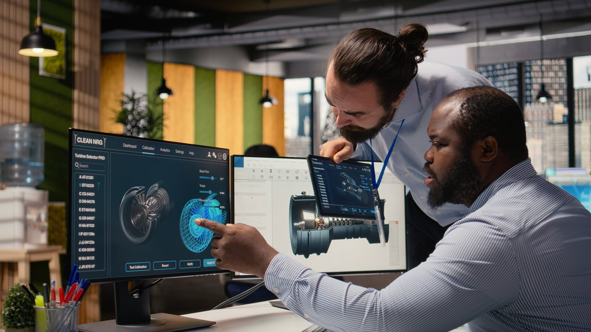 Two engineers reviewing design data on screen while reconciling a specification