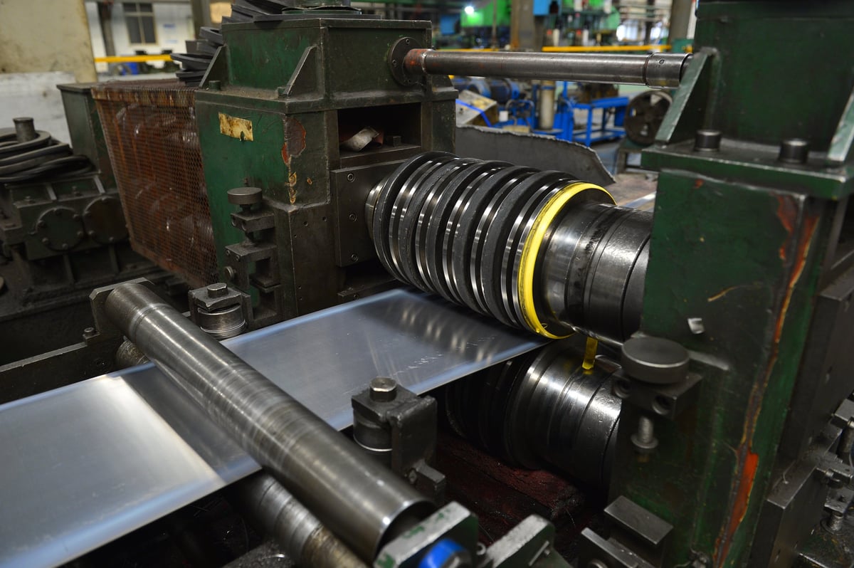 Hot rolled steel strip in a rolling mill workshop
