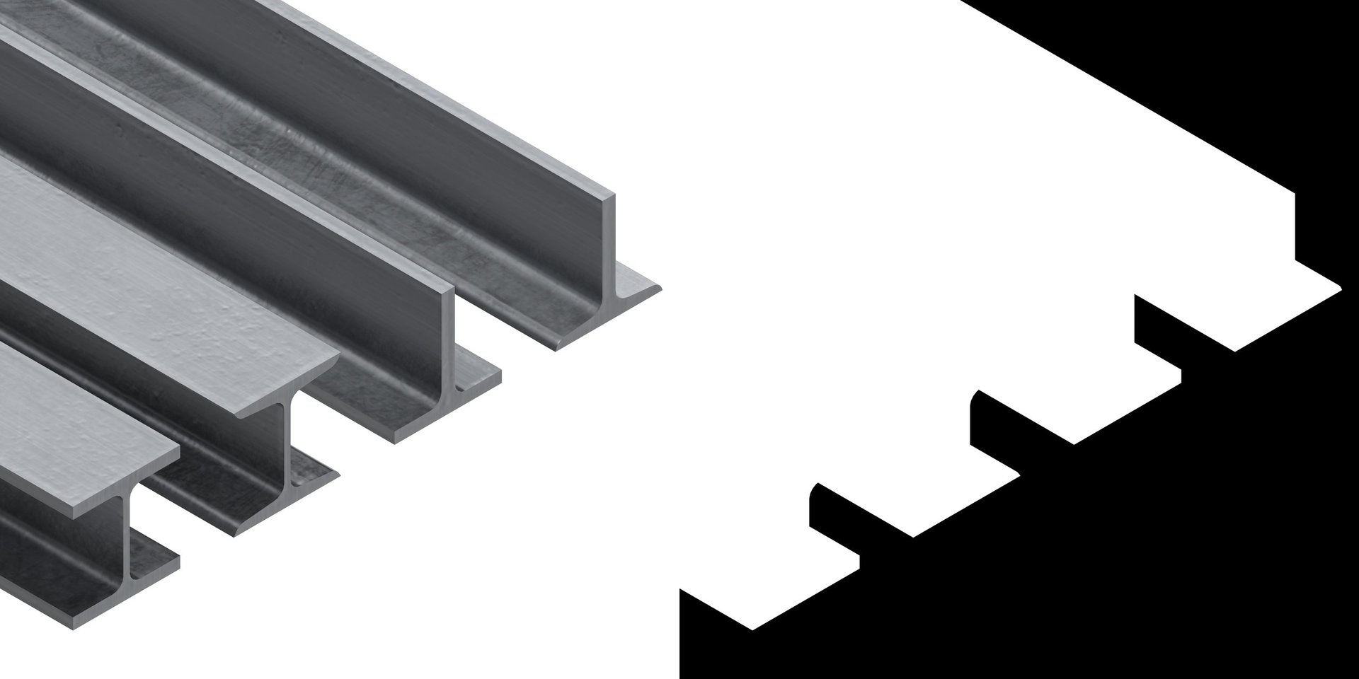 Three-dimensional illustration of I and T shaped structural steel sections