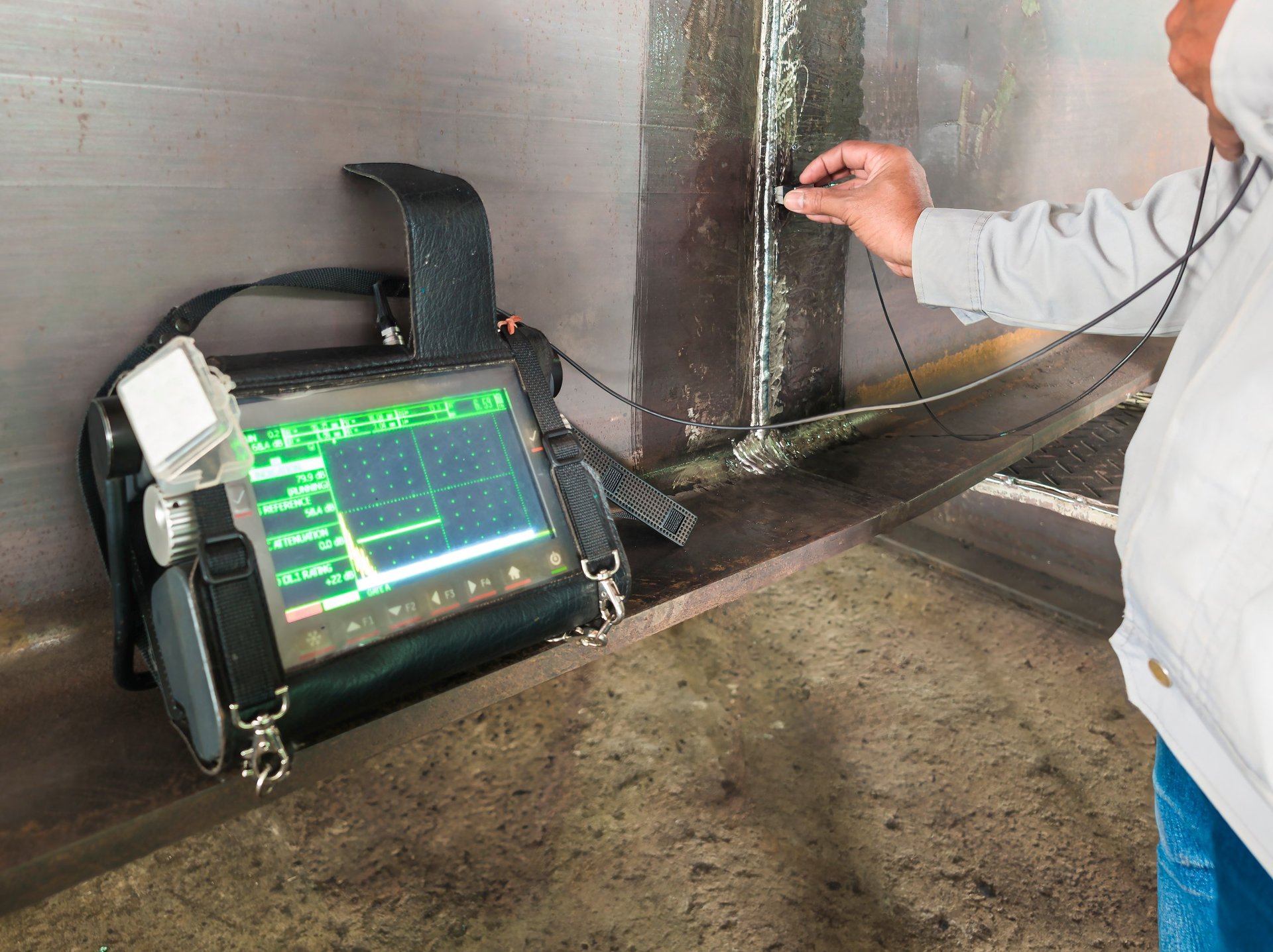 Inspectors carrying out ultrasonic non-destructive testing on a welded steel member
