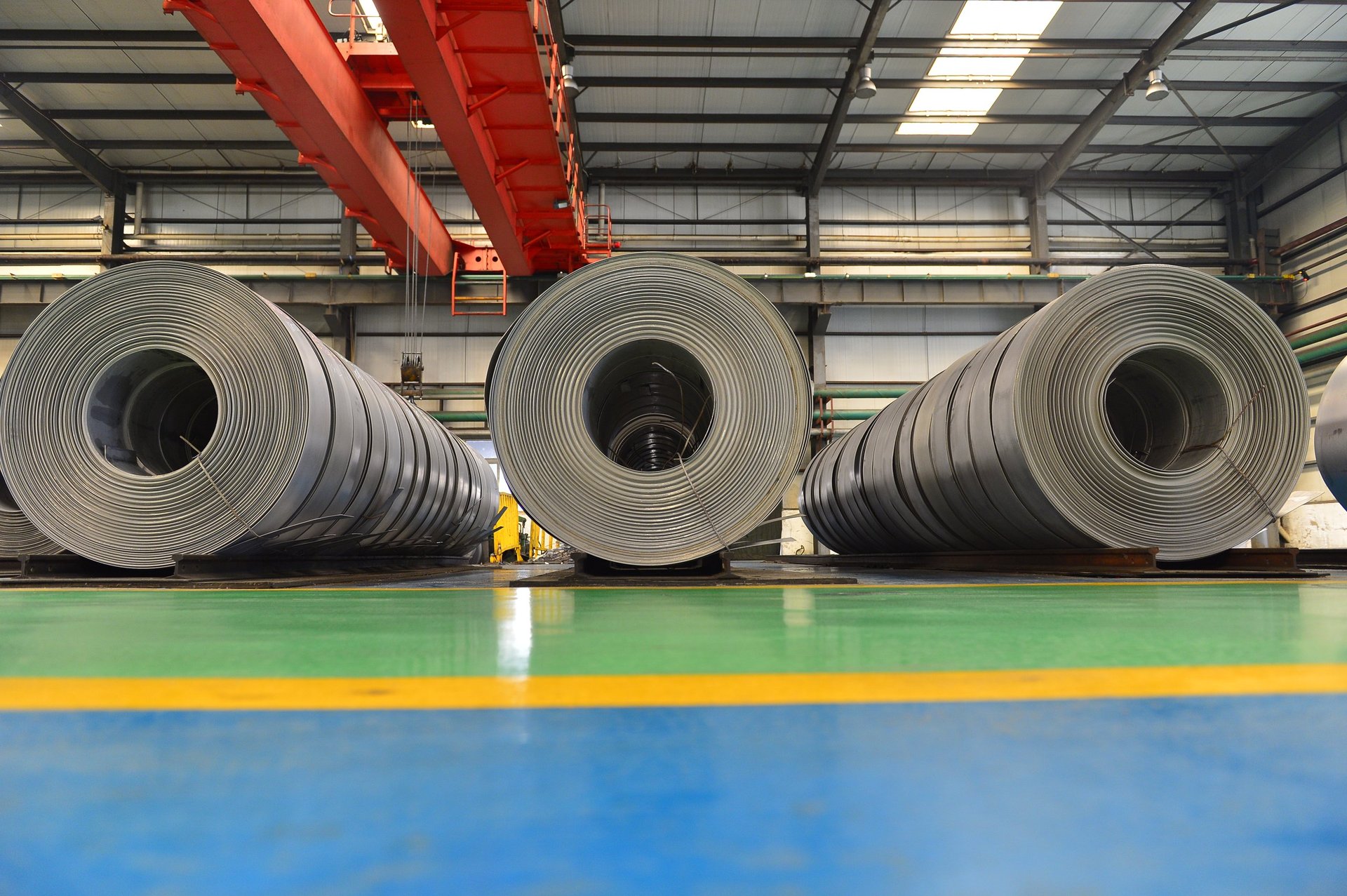 Hot-rolled steel strip coil inside a production building