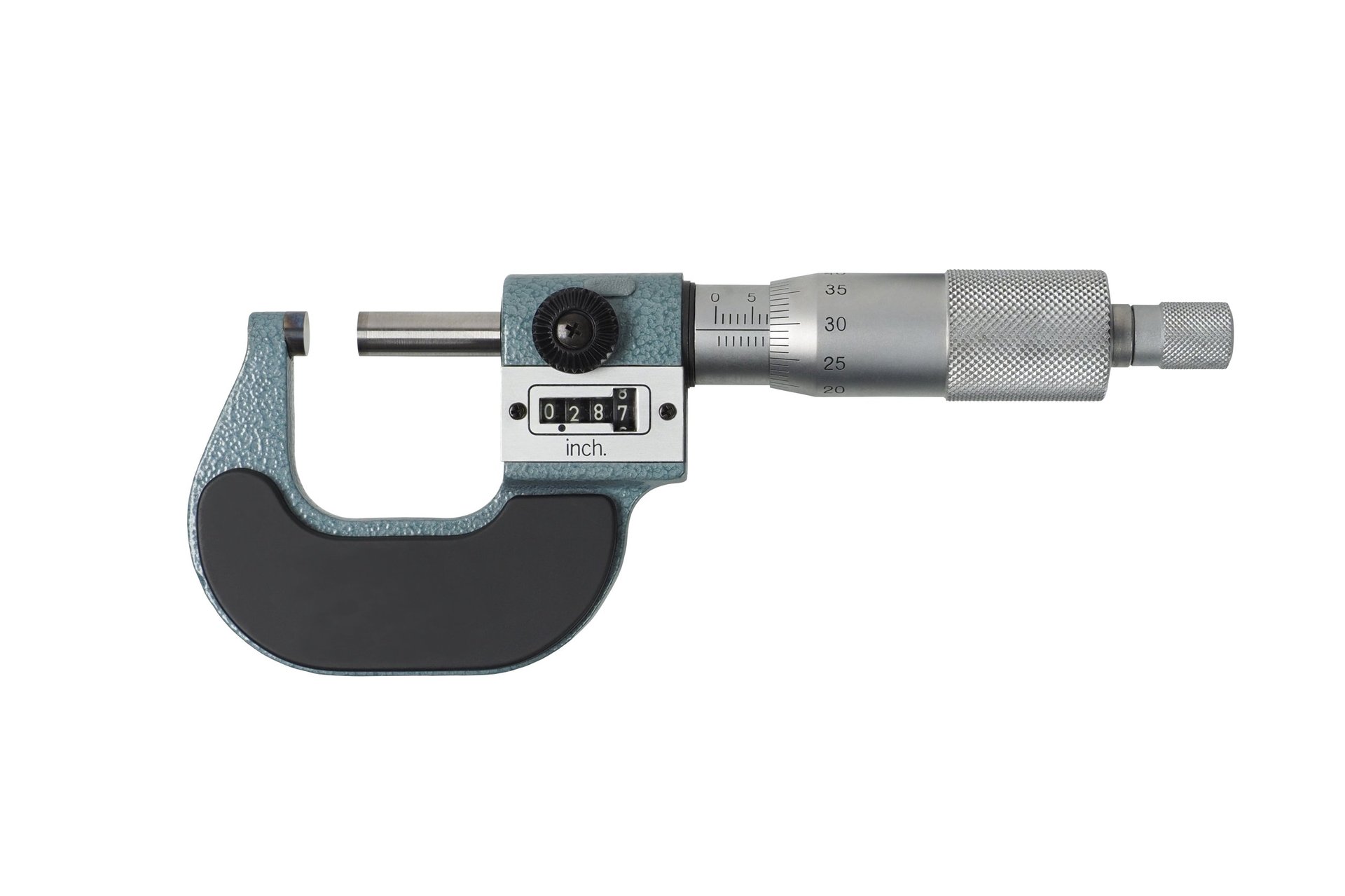 Imperial and metric micrometers set out for measuring a round section across its diameter