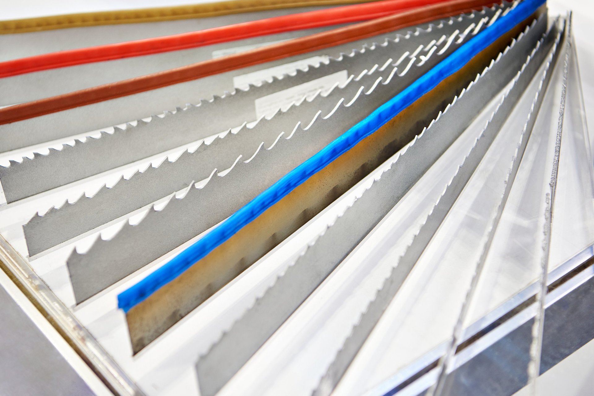 Industrial metal cutting blades displayed for machine tooling