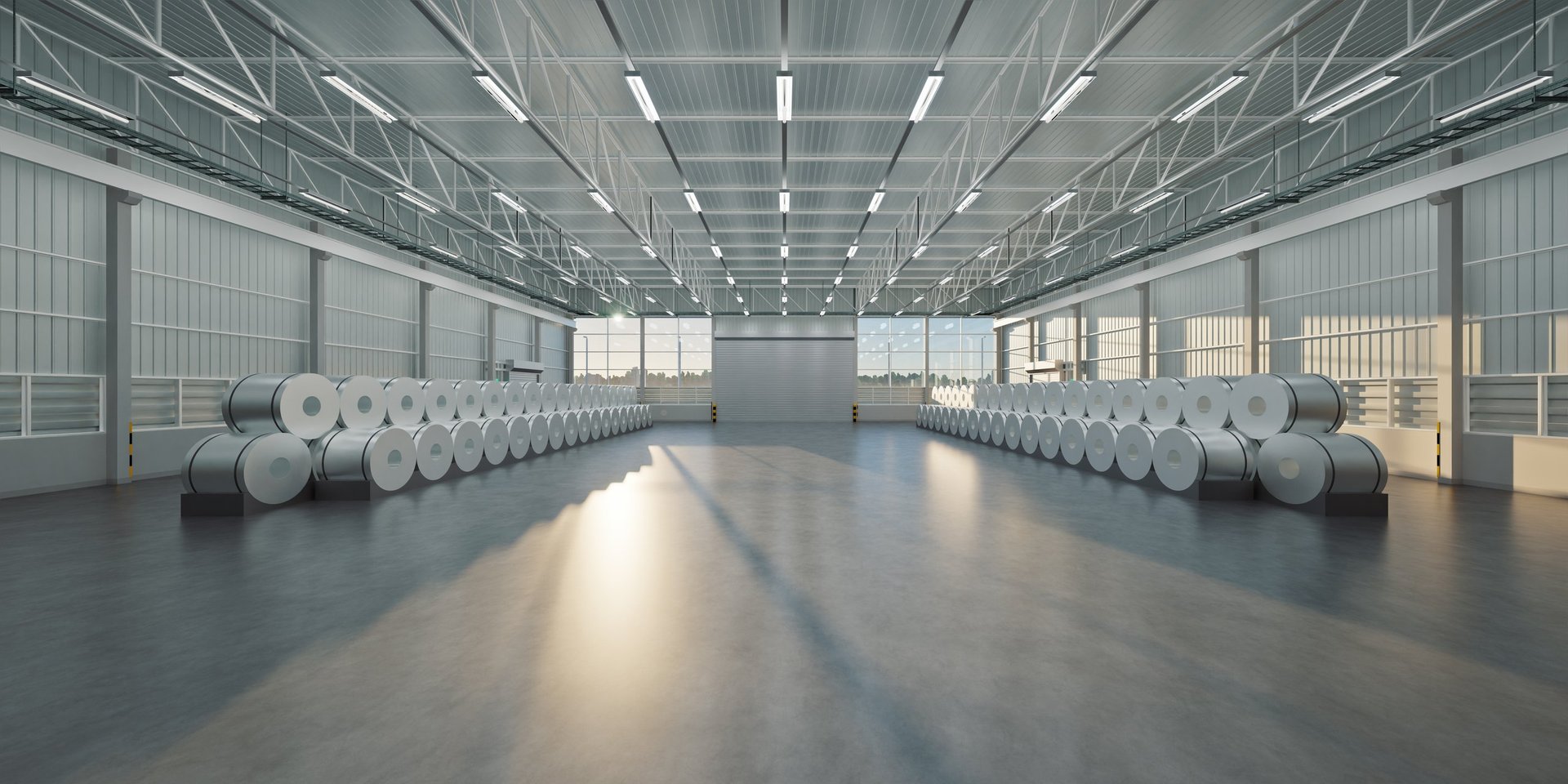 Organized steel forms in an industrial warehouse, illustrating the product range supplied across industries