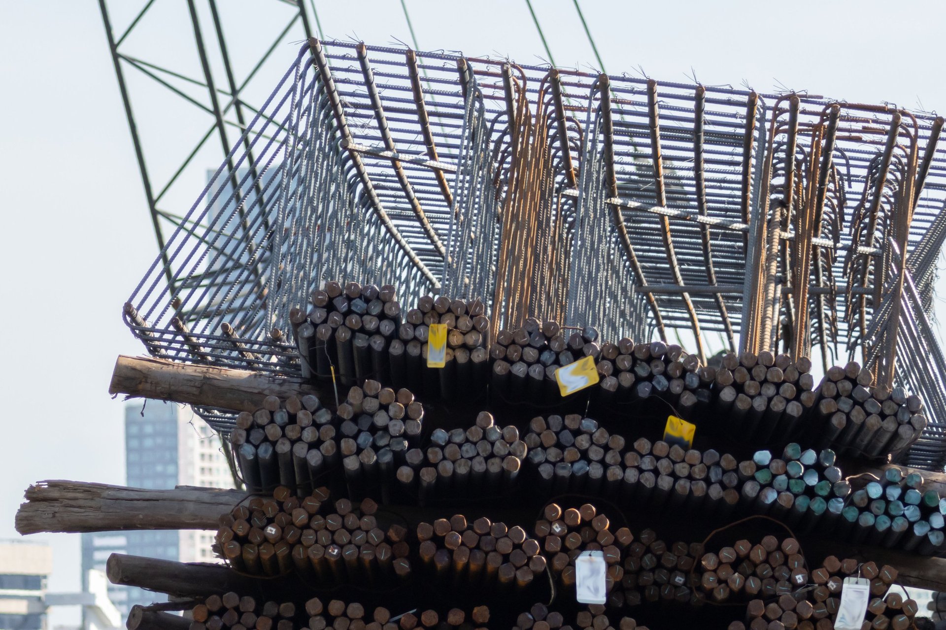 Bundles of reinforcement steel bar stacked on site ready for dispatch.