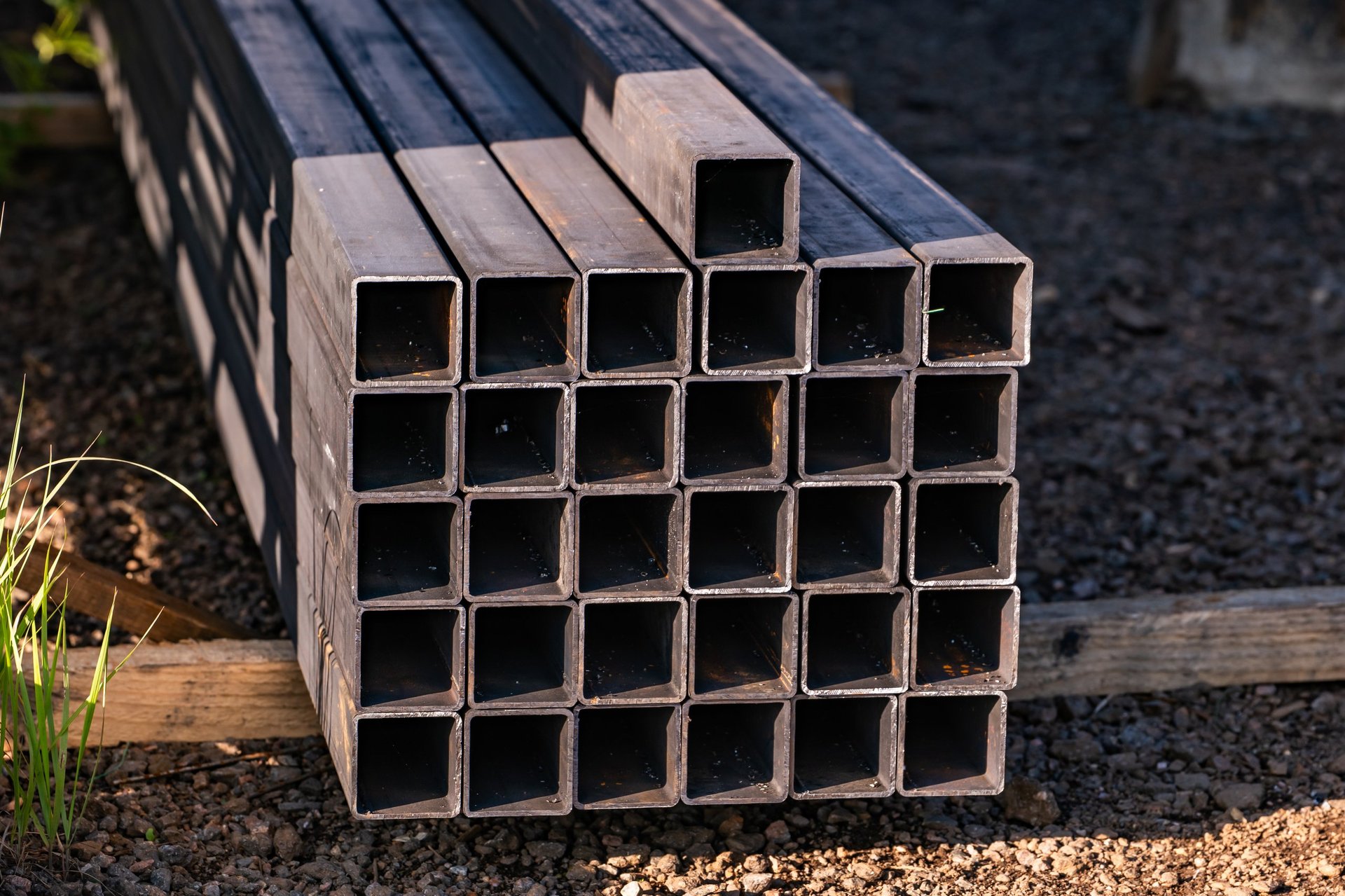Square hollow sections stacked ready for structural fabrication