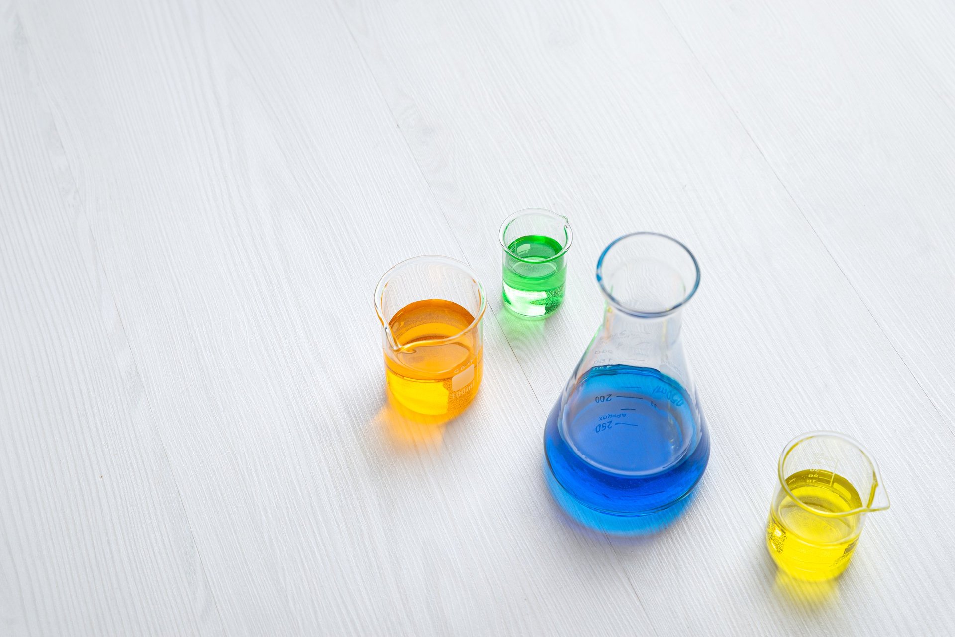 Laboratory glassware laid out on a bench, representing the wet-chemical determination step.