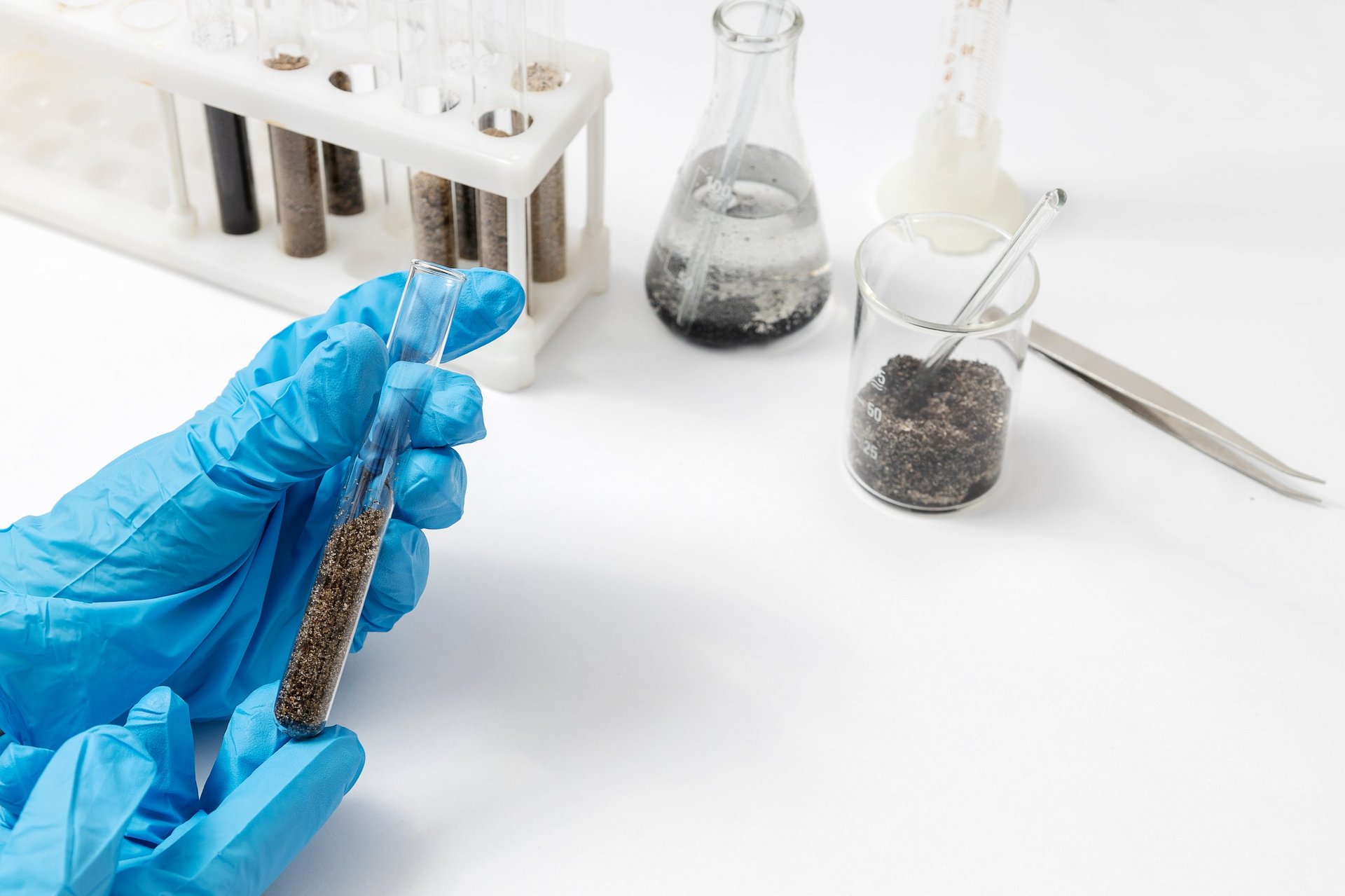 Sample containers and analytical tools in a testing laboratory, where a lot's determinations are produced.
