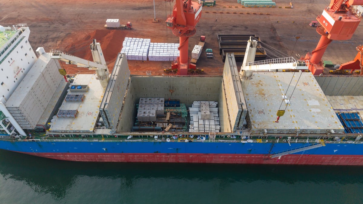 A bulk cargo vessel with its holds open, docked at a port terminal where a lot is transferred.
