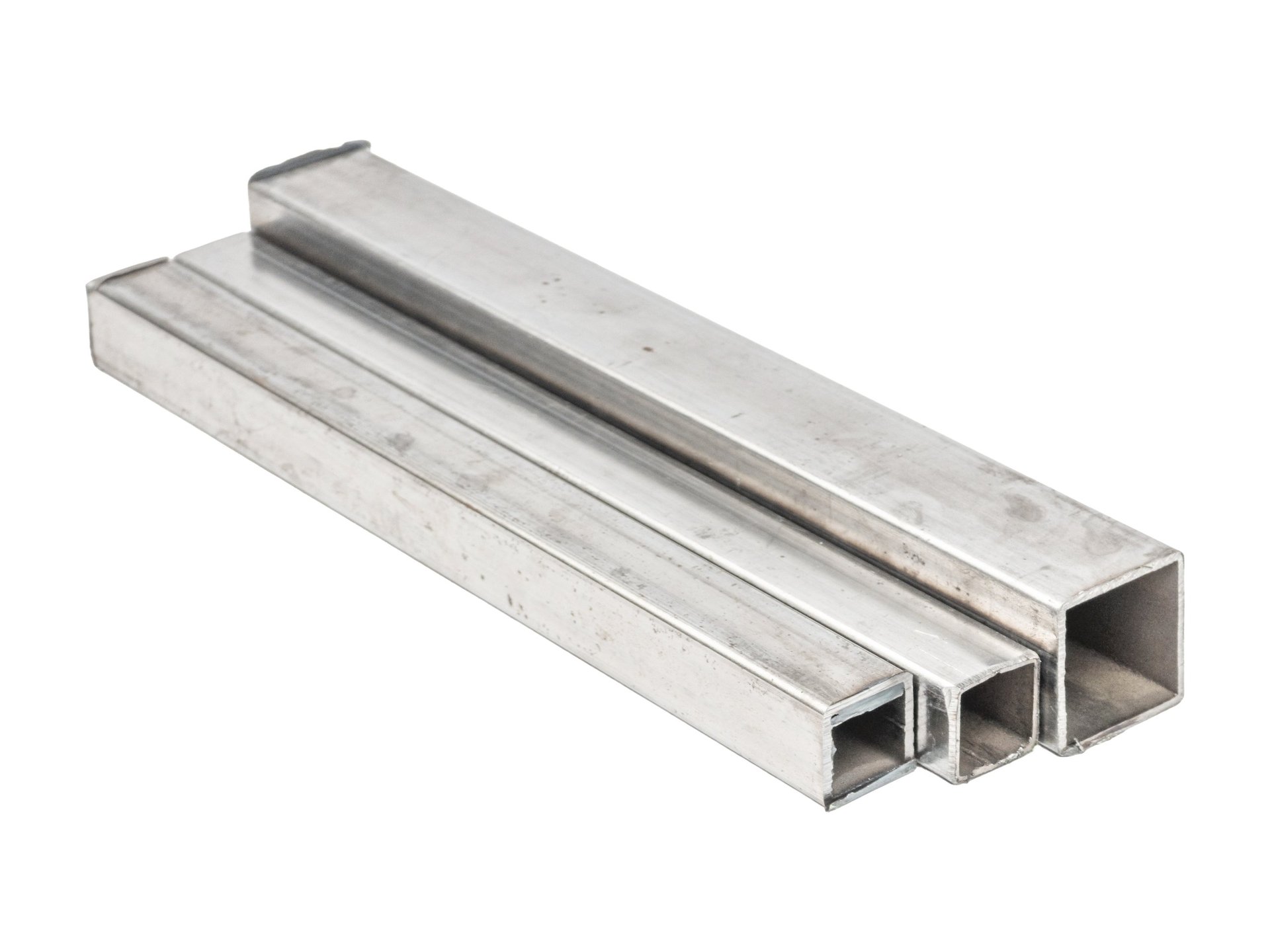 Set of rectangular and square steel hollow section profiles showing outside dimensions and cut ends
