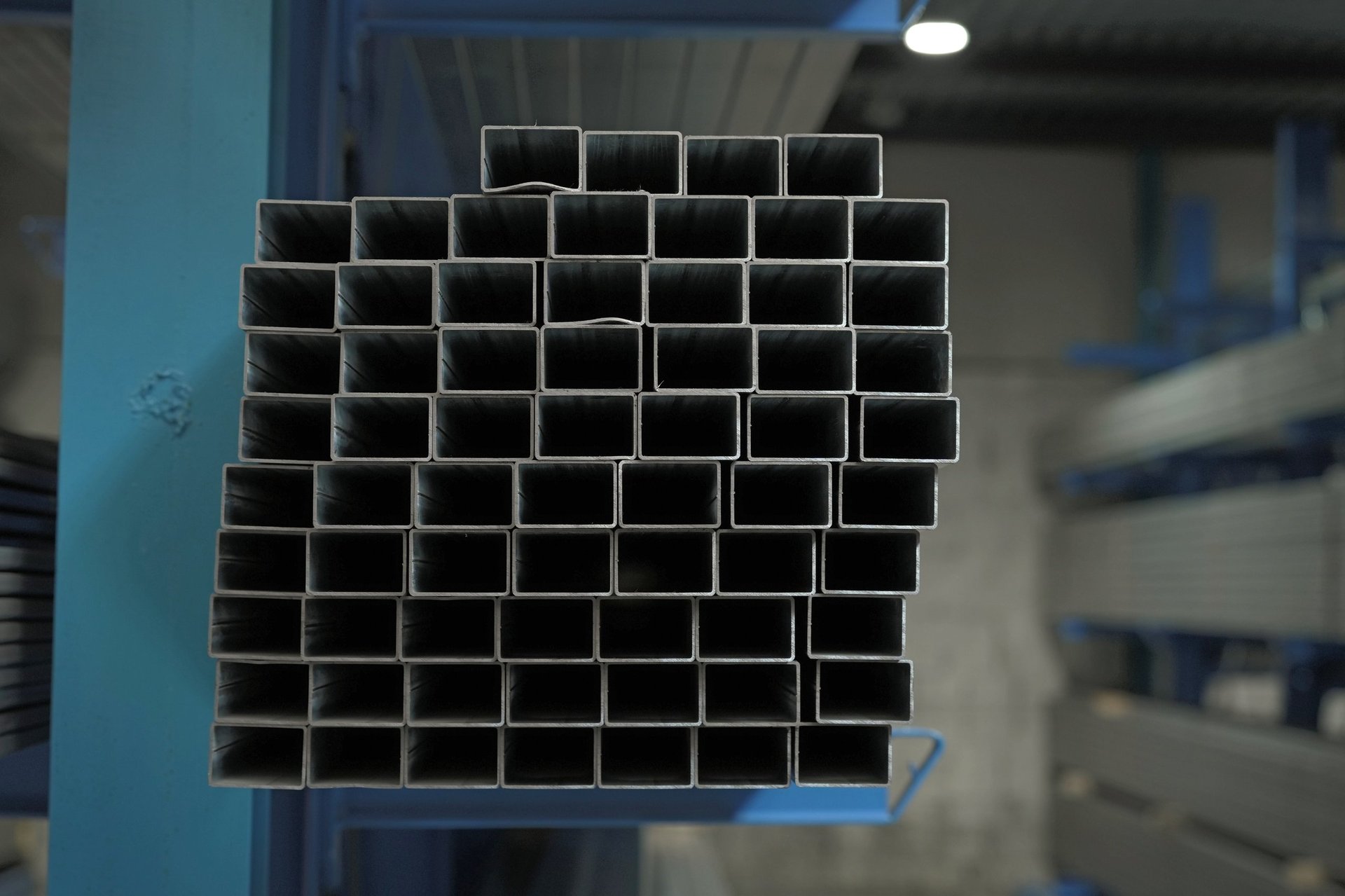 Hollow sections on cantilever racking before despatch