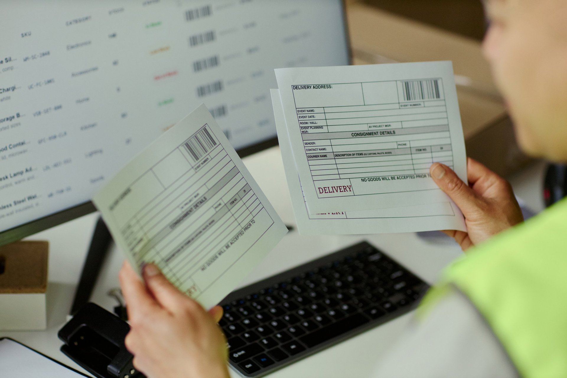 Delivery and packing labels being reconciled against shipment data, representing the document-to-lot verification step before a UAE enquiry is released.