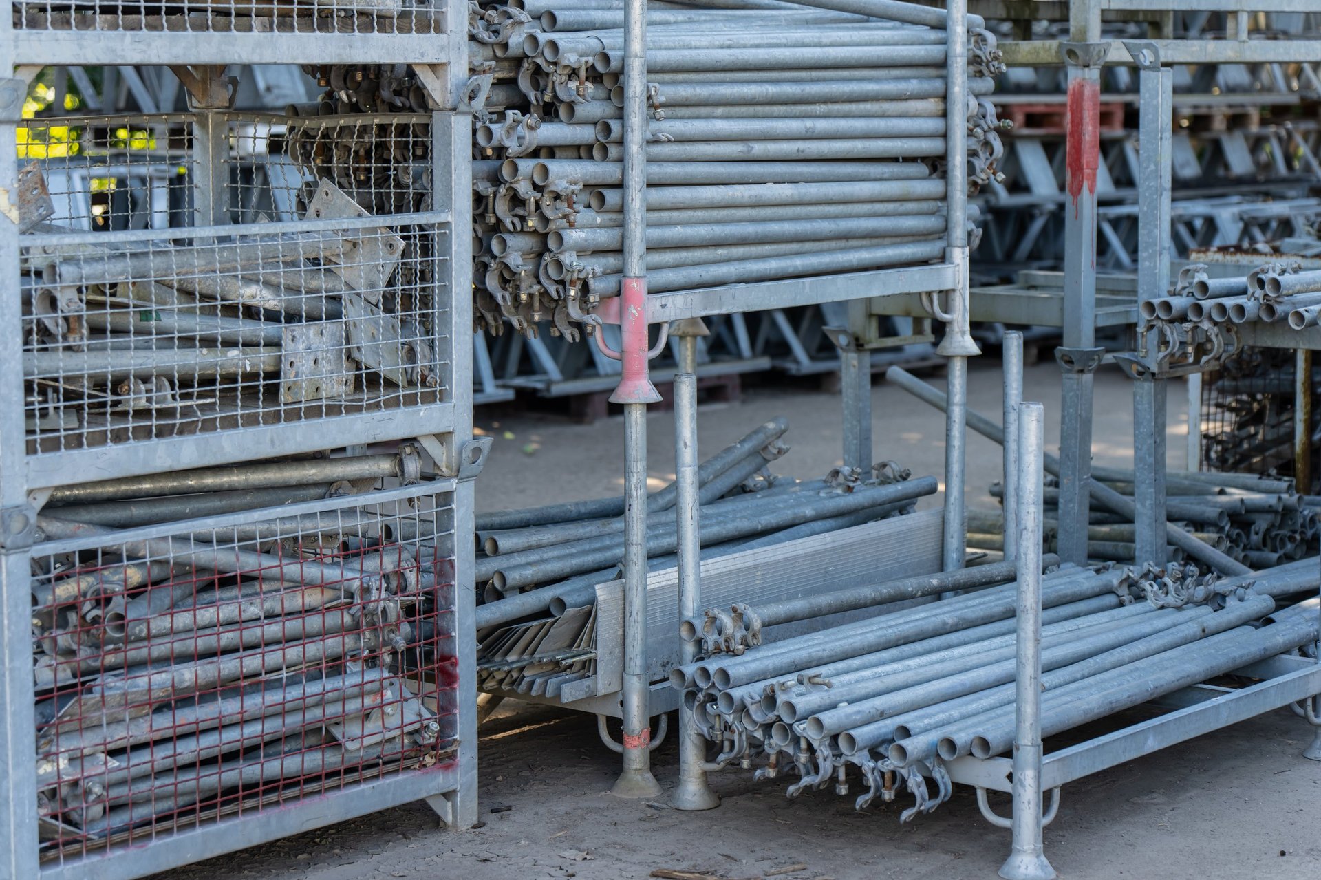 Steel Scaffolding Tube — tagged scaffolding tube bundle in store, documentation verification context.
