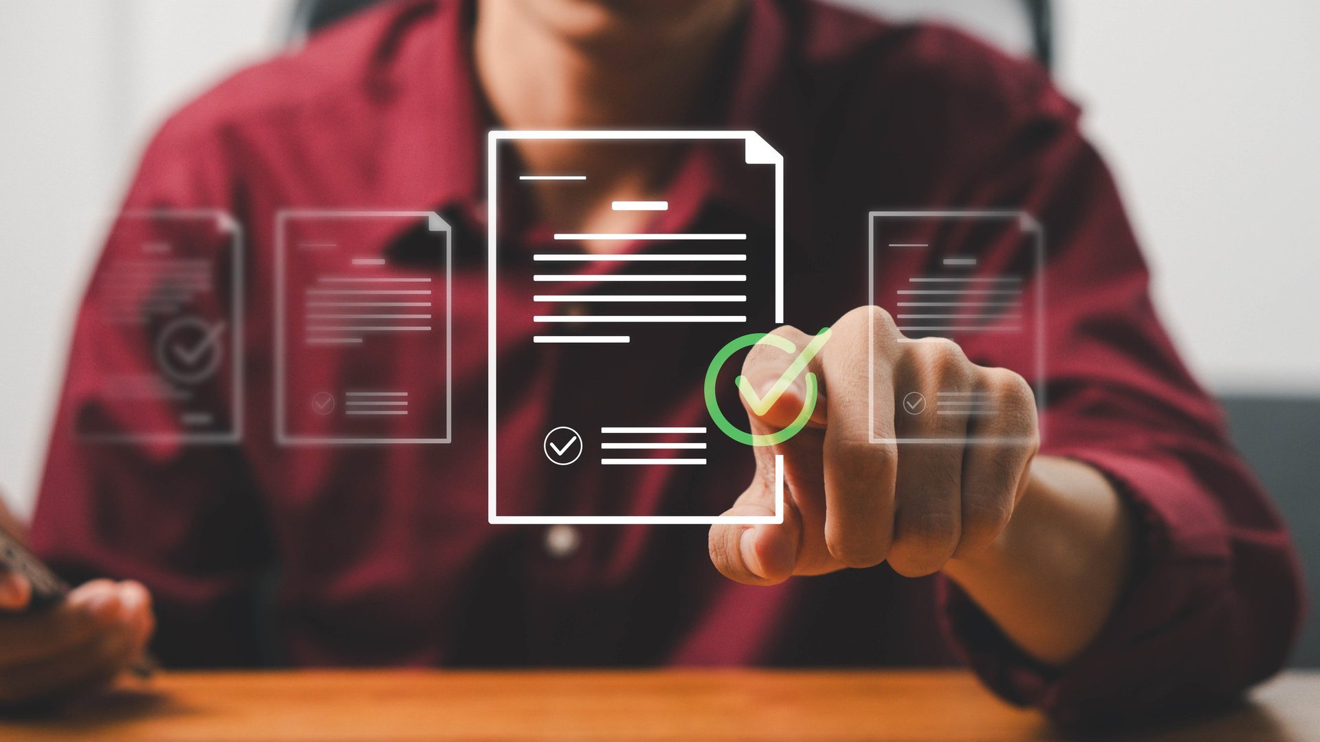 Business professional confirming a document through an approval and verification workflow