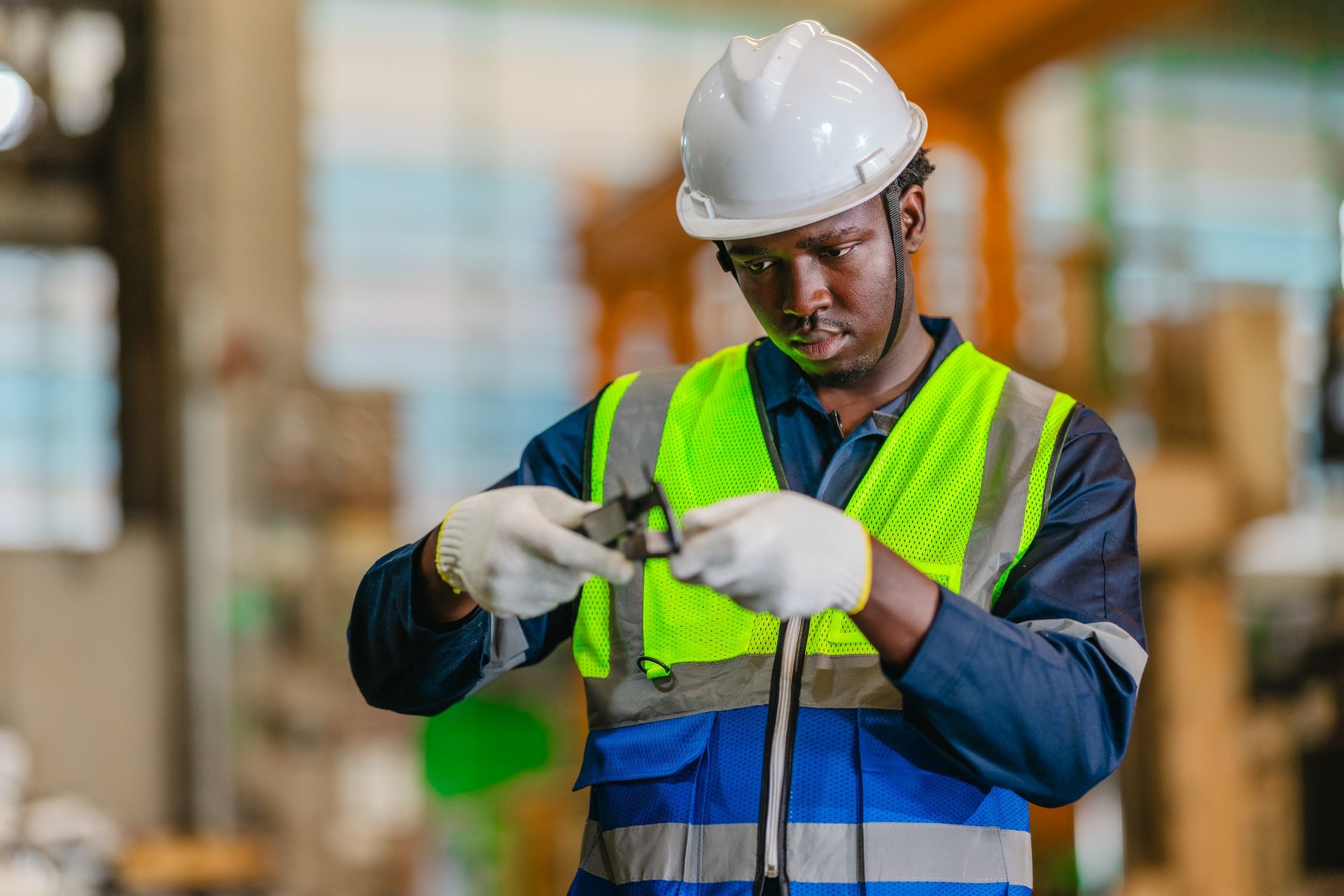 Technician checking a metal component with a vernier caliper during a dimensional inspection