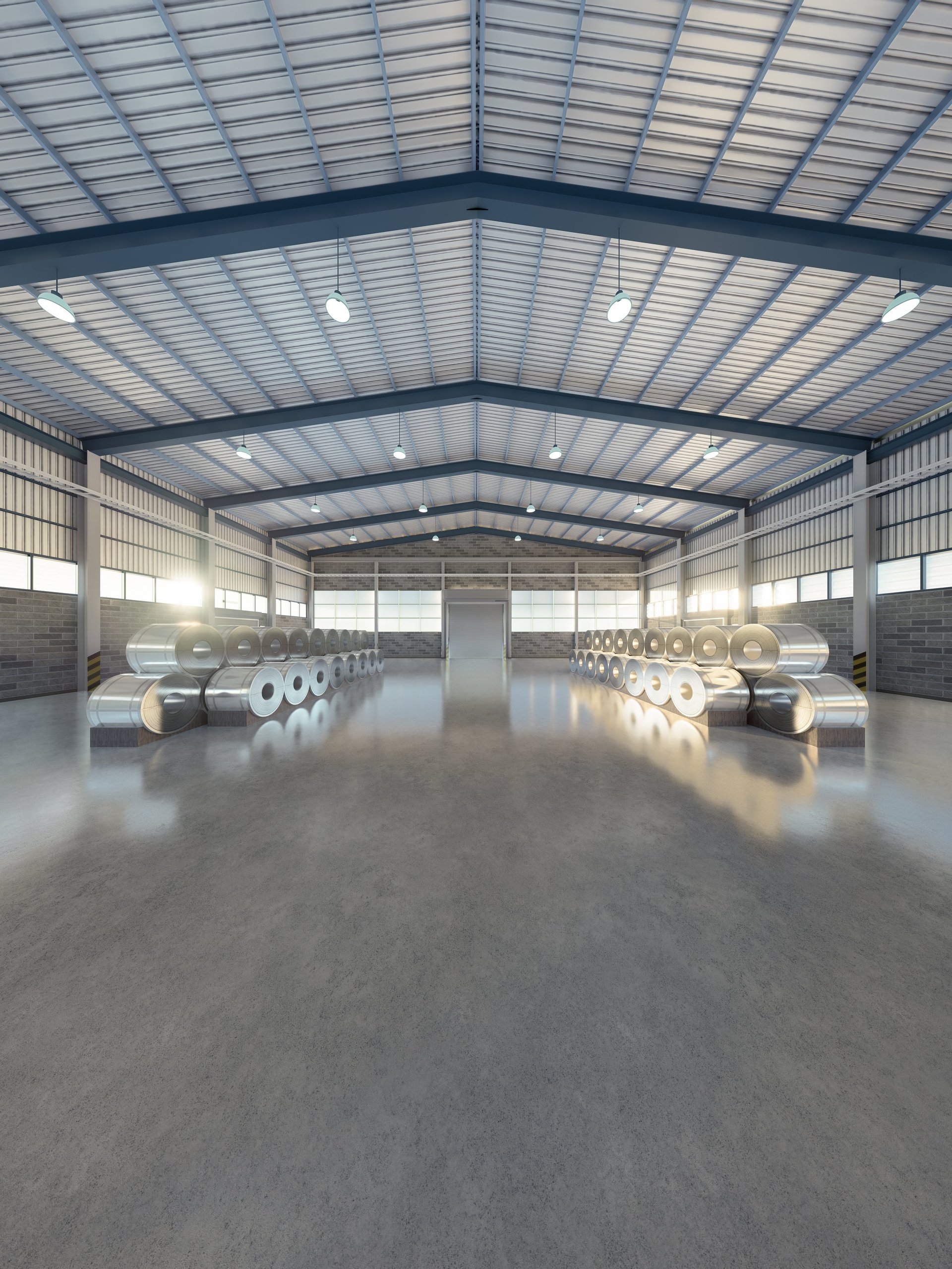 Stacked steel coils stored eye to sky in an industrial warehouse