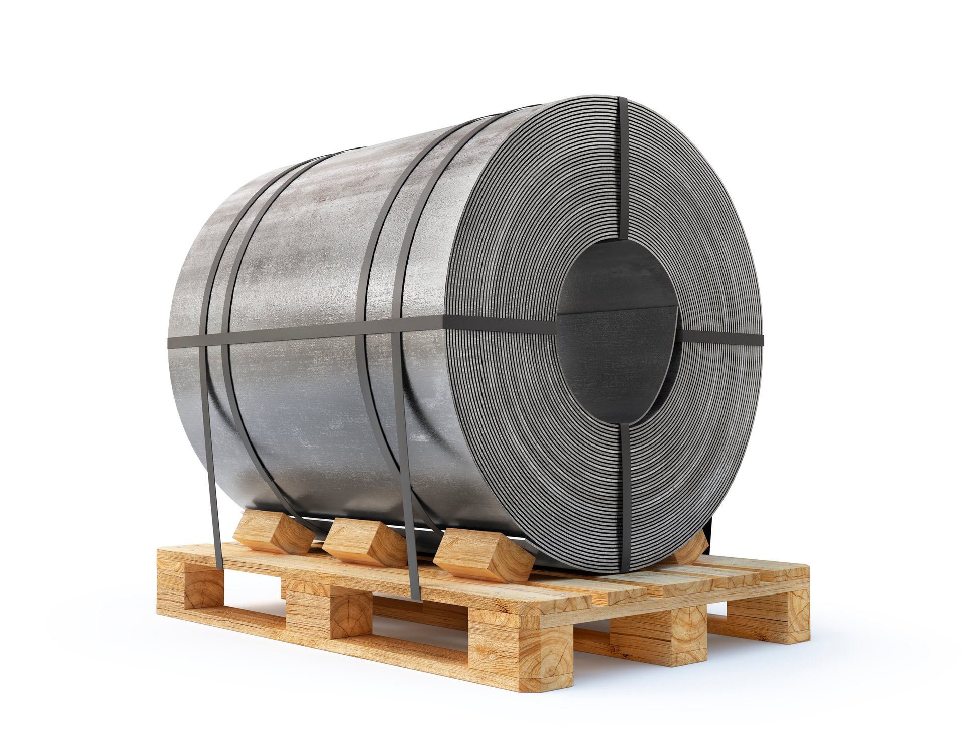 Coil of steel sheet on a pallet — the strip form that sheet is cut from