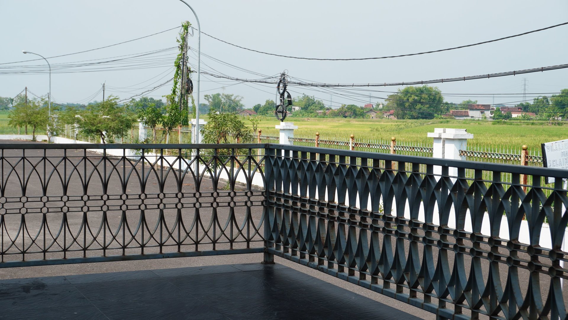 Ornamental dark metal railing with a decorative repeating pattern